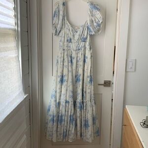 LOVESHACKFANCY cold shoulder Puff Sleeve blue flower dress Dress